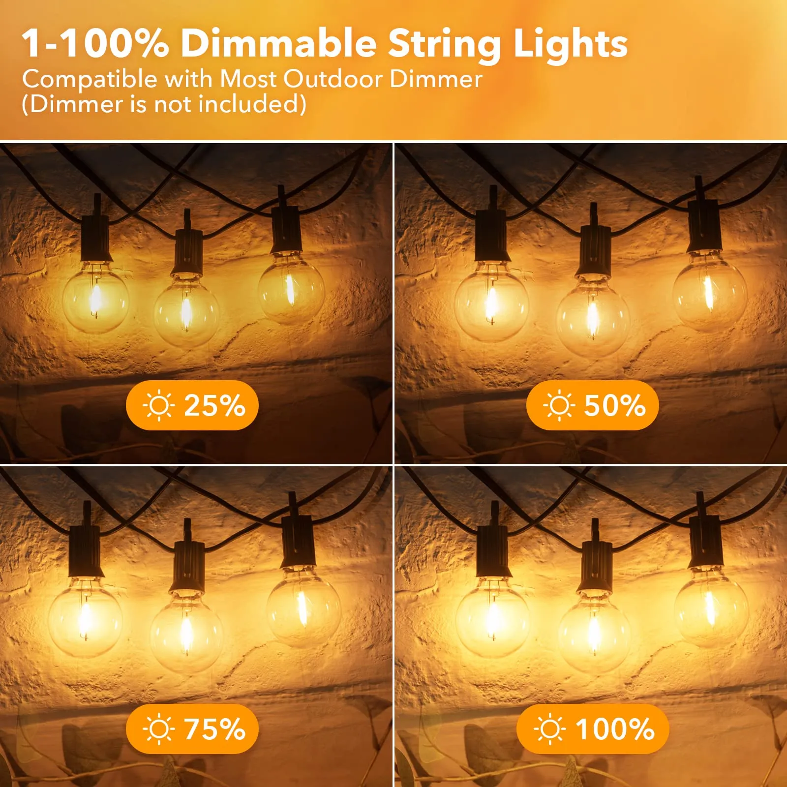 Brightown Outdoor String Lights - Connectable Dimmable LED Patio String Lights with G40 Globe Plastic Bulbs, All Weatherproof Hanging Lights for Outside Backyard Porch (50 ft - 25 LED Bulbs)