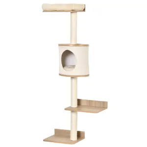PawHut Wall-Mounted Cat Tree Shelter w/ Condo Bed Scratching Post Light Beige